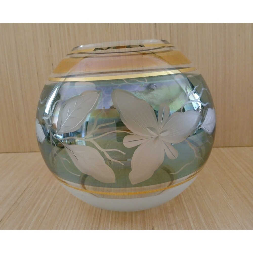 Vintage glass Bowl Vase Round Floral Frosted Gold Trim Colorful Beautiful 6 inch